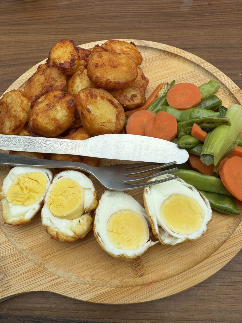 Roast potatoes, veggies, eggs